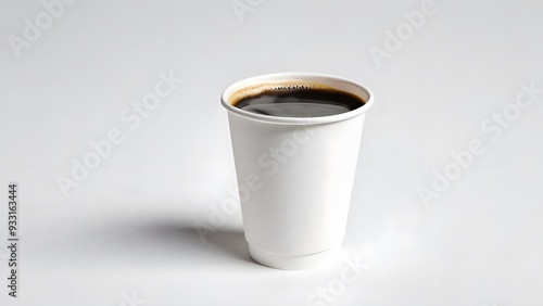 Plain white paper coffee cup with black coffee on white background with copy space. Disposable cup used for most popular beverage, good for takeaway hot and cold drink
