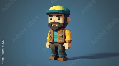 3d low poly character, short beard and green cap, wearing an adventure jacket