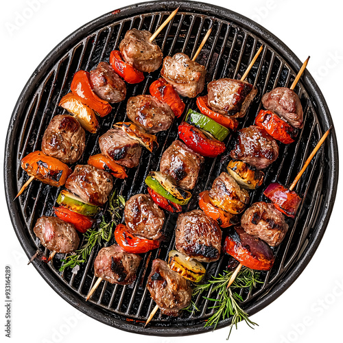 Skewers with meat and vegetables shashlik on a round grill isolated on transparent background, top view photo