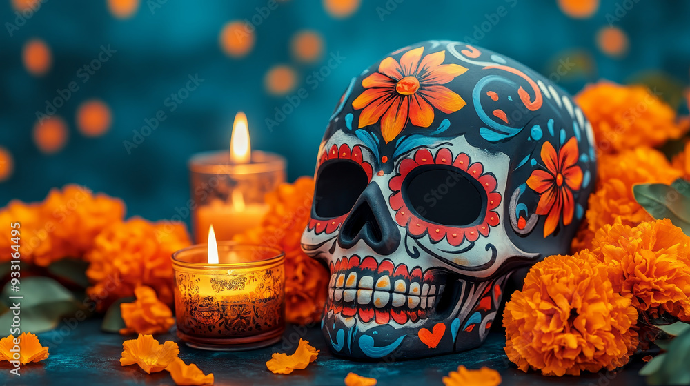 Colorful skull with flowers and candles Colorful skull with flowers and candles