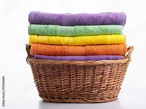 Wicker basket with a stack of colorful towels on a white background. Clean, folded, stacked towels in a wicker basket isolated