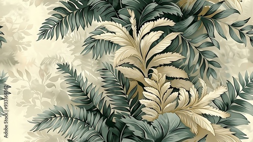 Vintage-inspired seamless wallpaper design featuring intricate illustrations of ferns and foliage, set against a muted, natural green background, hand-drawn details, natural light, lush greenery, photo