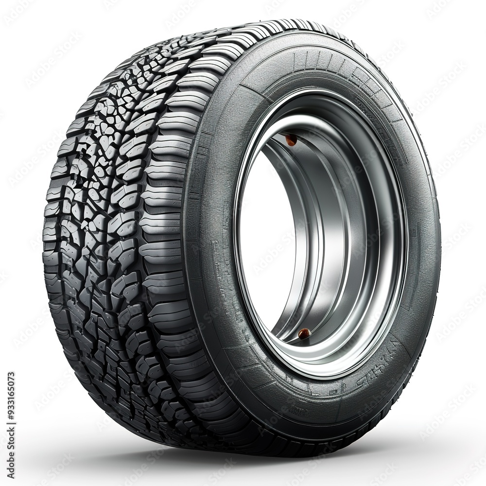 Photorealistic Car Tire on a White Background. Detailed and High-Resolution Close-Up of a Modern Vehicle Tire, Featuring Tread Patterns and Rubber Surface for Automotive and Transportation Use. Photorealistic Car Tire on a White Background. Detailed and High-Resolution Close-Up of a Modern Vehicle Tire, Featuring Tread Patterns and Rubber Surface for Automotive and Transportation Use.