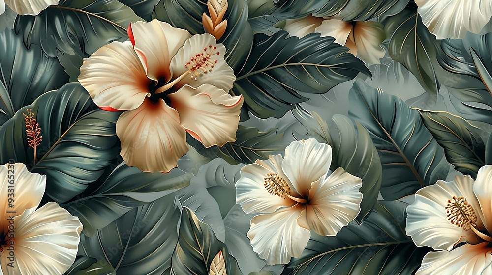 custom made wallpaper toronto digitalVintage-inspired seamless wallpaper design featuring intricate illustrations of hibiscus, bird of paradise, and orchids, set against a muted, soft background, hand-drawn details, natural light,