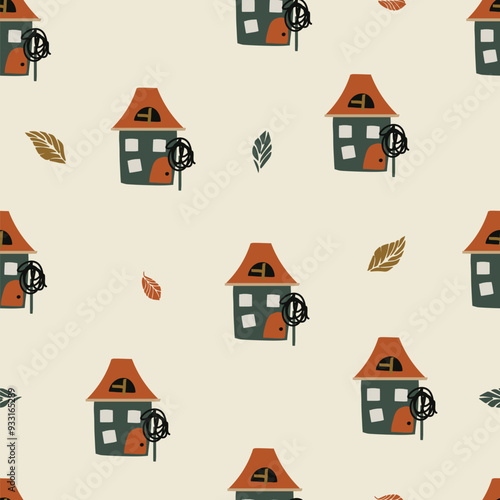 Seamless pattern with cute houses. Template for Notebook covers, cover design, business advertisement, pattern for wallpapers, textile etc. Childish naive art style for real estate