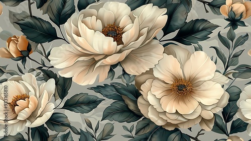 Wallpaper Mural Vintage-inspired seamless wallpaper design featuring intricate illustrations of peonies, roses, and dahlias, set against a soft, pastel pink background, hand-drawn details, natural light, Torontodigital.ca