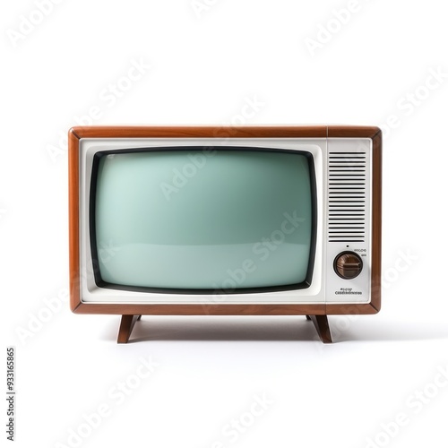 Vintage TV with green screen, on a white background in hardwood frame