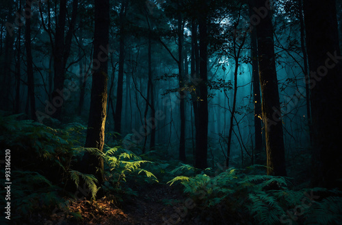 Dark, enchanted forest with glowing eyes peeking from the shadows