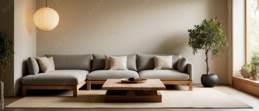 A stylish minimalist living room featuring a light gray sofa, wooden furniture, and a tree artwork. The atmosphere is serene and inviting with natural light and decor. A stylish minimalist living room featuring a light gray sofa, wooden furniture, and a tree artwork. The atmosphere is serene and inviting with natural light and decor.