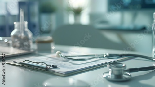 Stethoscope and clip board on the doctor workplace close up. 