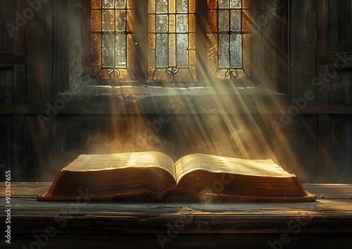 An open Bible with rays of light emanating from it, symbolizing God's divine presence. Sunlight shines through a church window, illuminating the holy book.