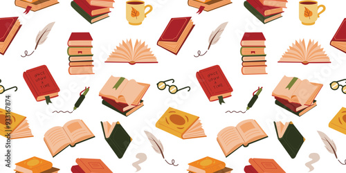 Book stack autumn color seamless pattern. Cute cozy books colorful background. Library, reading, feather, pen, mug, glasses illustrations. 