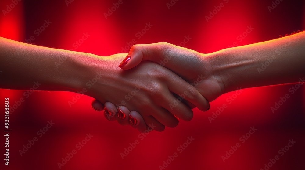 Two hands clasp together in a handshake against a vibrant red backdrop, representing collaboration and mutual understanding. Two hands clasp together in a handshake against a vibrant red backdrop, representing collaboration and mutual understanding.