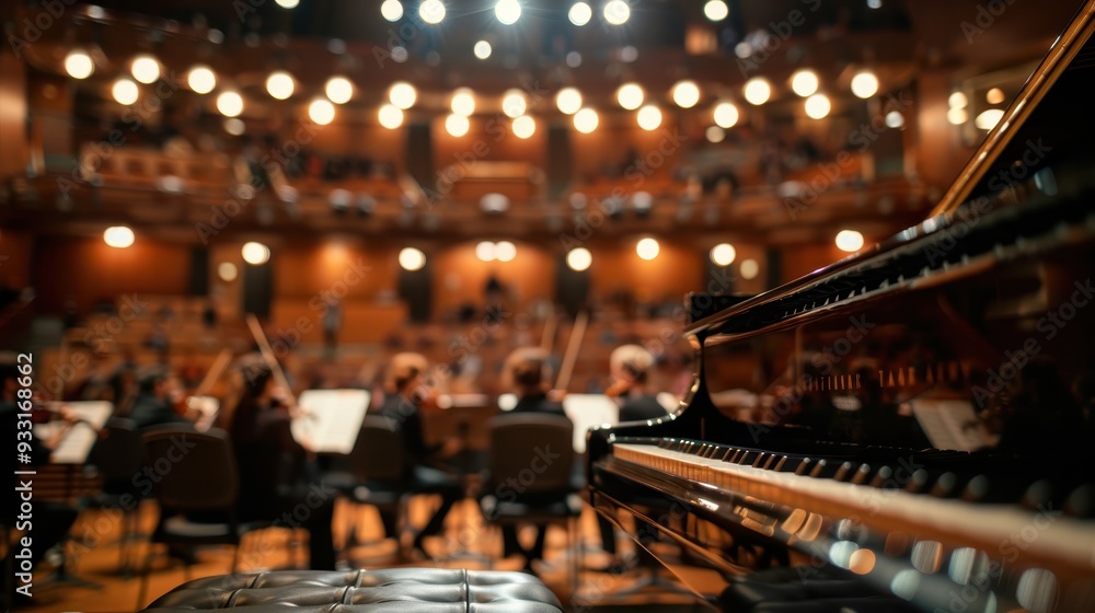 Man playing a piano in a concert hall and audience seated background, concert hall setting,soft lighting enhancing the orchestral ambiance,Symphonic performance,space for text. Man playing a piano in a concert hall and audience seated background, concert hall setting,soft lighting enhancing the orchestral ambiance,Symphonic performance,space for text.