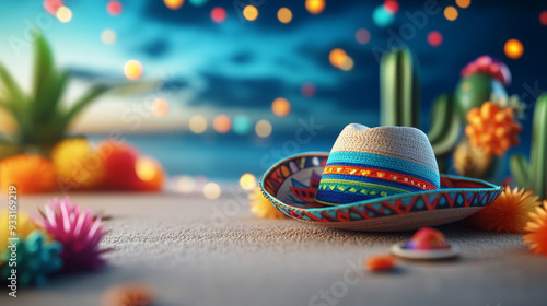 A vibrant sombrero rests on sandy surface, surrounded by colorful flowers and cacti, evoking festive atmosphere. background features soft bokeh lights, enhancing joyful mood.