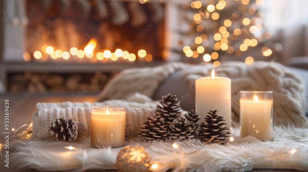 A candle, pine cones, and a Christmas tree adorn a warm and inviting living room, with soft lighting and a fireplace enhancing the cozy holiday atmosphere.