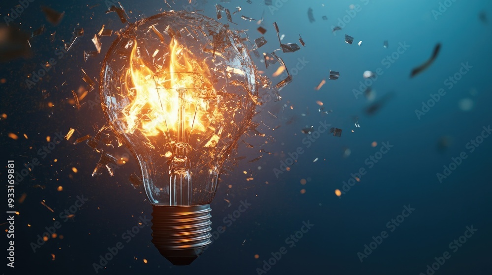 3D rendering of a light bulb shattering with flames, isolated on a deep blue background for dramatic effect.