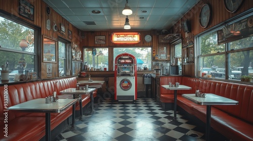 Retro Diner Interior with Red Booths and Checkered Floor