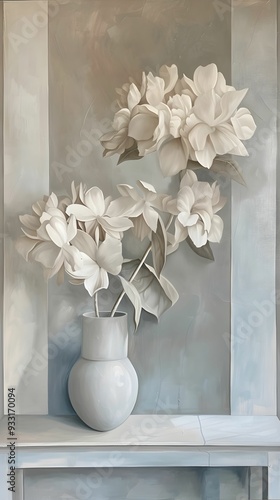 white flowers in a vase, canvas, poster, oil painting syle