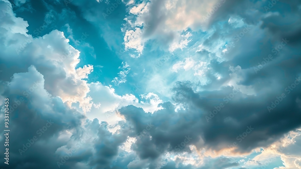 Fototapeta premium Blue sky background with clouds and sunlight. AI generation