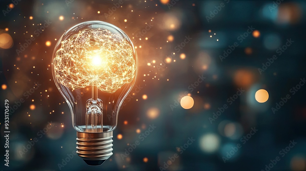 A bright light bulb with a brain-shaped filament, glowing warmly to represent the fusion of ideas and intelligence. A bright light bulb with a brain-shaped filament, glowing warmly to represent the fusion of ideas and intelligence.