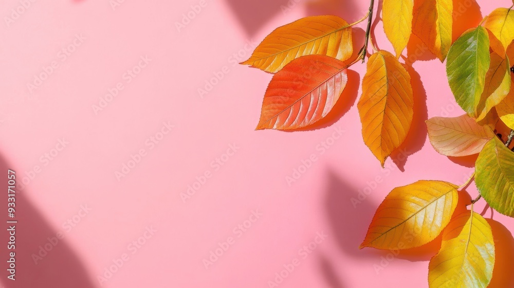 Vibrant autumn leaves cast colorful shadows on a soft pastel backdrop Vibrant autumn leaves cast colorful shadows on a soft pastel backdrop