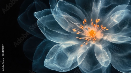 A close-up of an ethereal flower glowing softly in the dark, its delicate details illuminated against the backdrop.