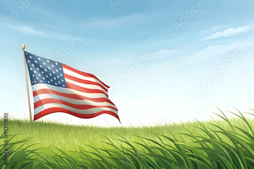 Photo Realistic as Field with American flag and clear sky concept as A tranquil field with an American flag waving under a clear sky representing unity and hard work ideal for business presentations n