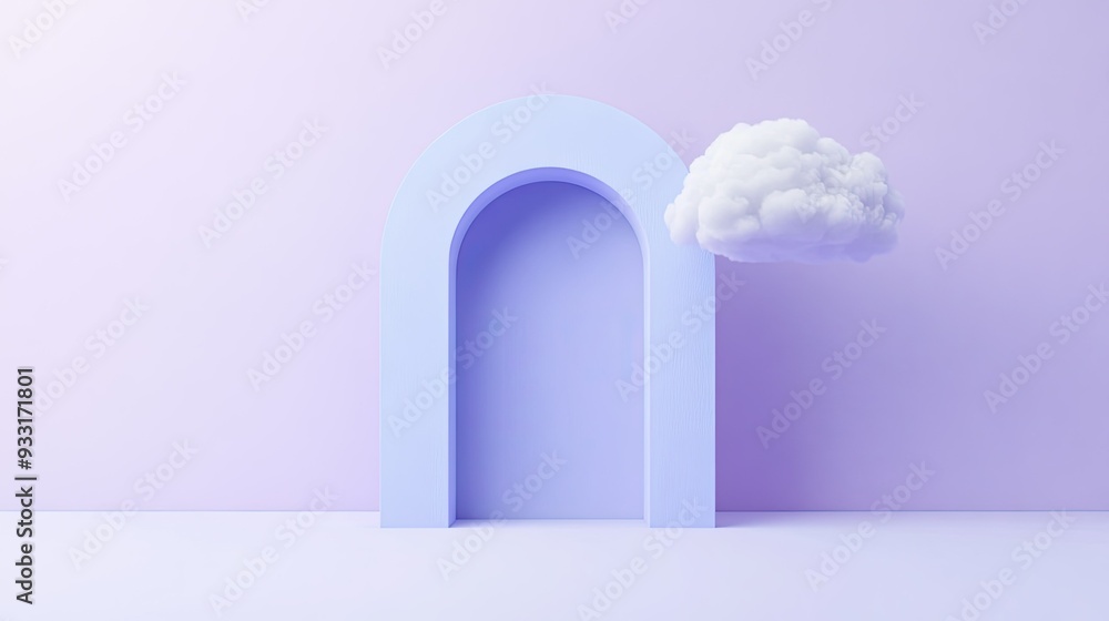 A cyan arch door and a soft cloud in a 3D render, placed on a light purple background in a minimalist style. A cyan arch door and a soft cloud in a 3D render, placed on a light purple background in a minimalist style.