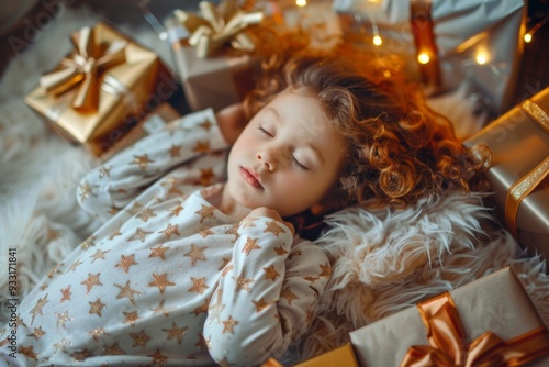 Tenderly she lies still enveloped serenity of night. Curly hair spread pillow she experiences calm dreams. Tranquility of childhood captured peaceful slumber.