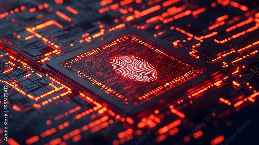 Obraz premium Digital Fingerprint Security, Red Circuit Board, Cyber Technology