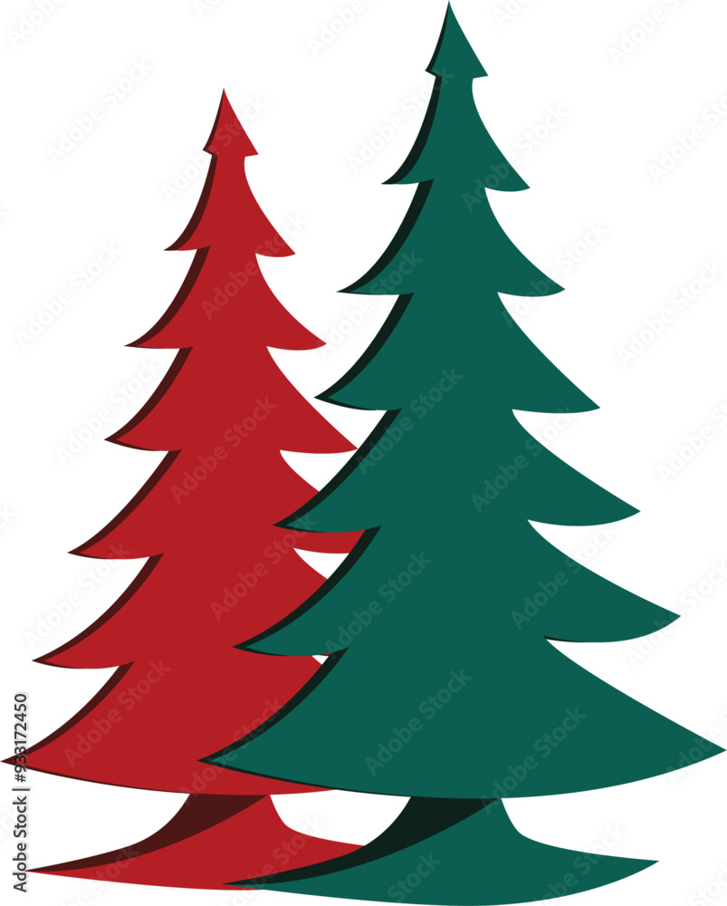 Two stylized decorative Christmas trees of red and green colors. Vector illustration with transparent background. Two stylized decorative Christmas trees of red and green colors. Vector illustration with transparent background.