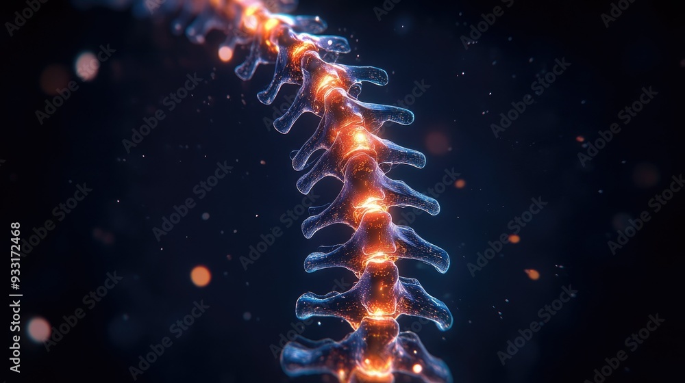 Obraz premium A glowing illustration of the human spine, set against a dark background to emphasize its anatomical details.