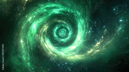 A glowing green spiral of light, swirling with energy and creating a vibrant, cosmic ambiance in the dark.