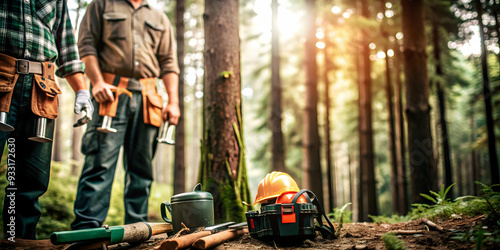 Photo Realistic as Forest clearing with workers� tools concept as A serene forest clearing with neatly arranged workers� tools embodying the spirit of hard work and progress ideal for business present