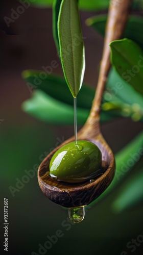 Golden olive oil drips from a green olive resting on a wooden spoon, framed by vibrant green leaves photo