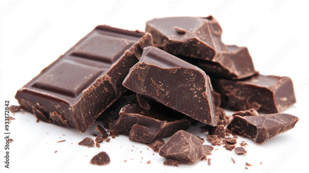 Broken dark chocolate pieces are scattered aesthetically on a clean white background Broken dark chocolate pieces are scattered aesthetically on a clean white background