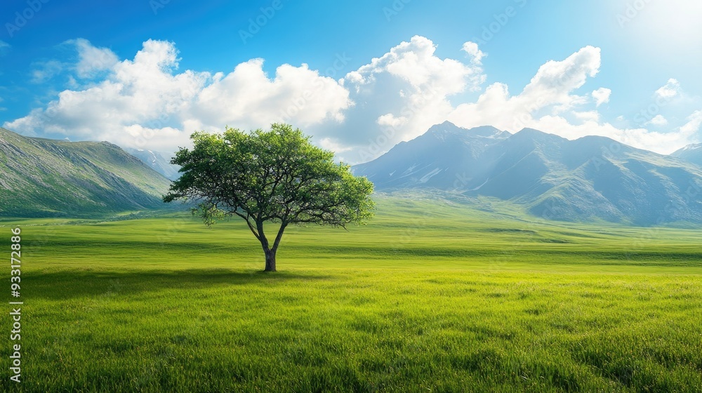 Fototapeta premium A lone tree graces a green meadow, with stunning mountain landscapes in the background and a bright blue sky above.
