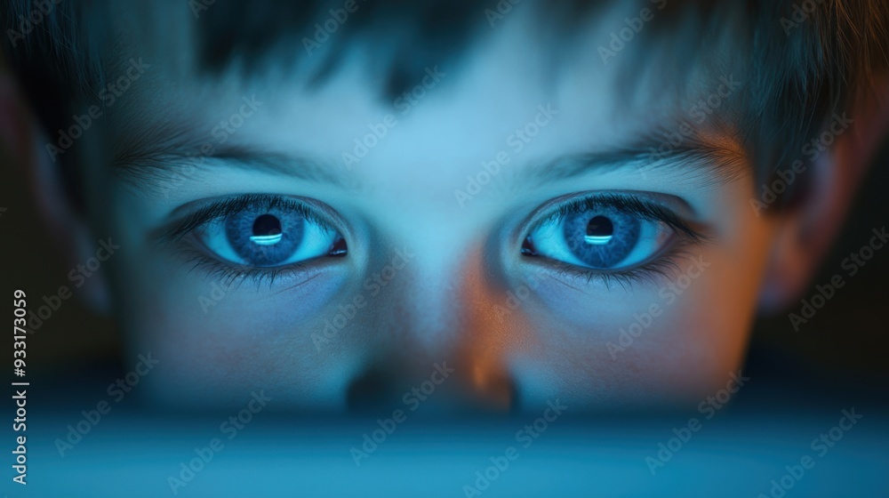 A young child gazes intently at a bright screen, illuminated in a dark room A young child gazes intently at a bright screen, illuminated in a dark room