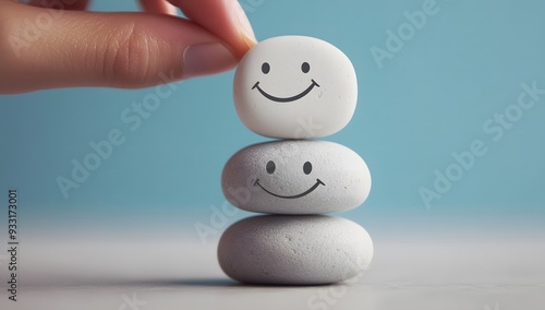 Enjoying Life Concept. Harmony and Positive Mind. Hand Setting White Natural Stone Stack to Balance photo