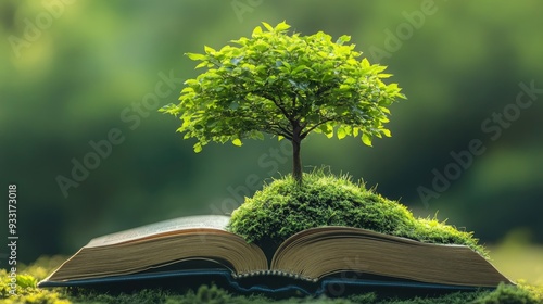 A lush green tree emerging from an open book, illustrating the connection between nature and knowledge.