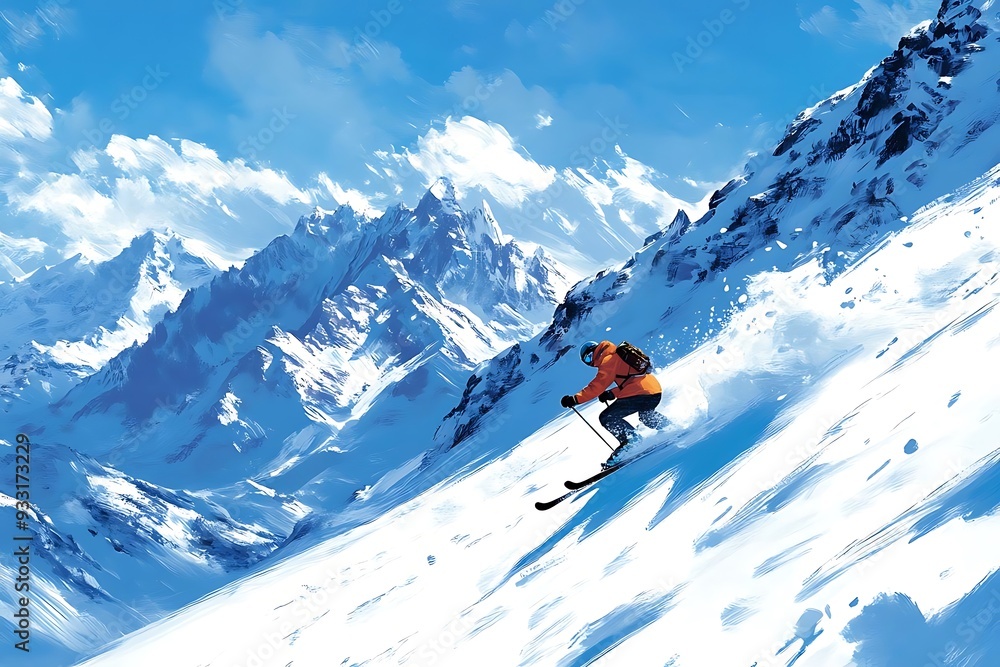 Skier Descending Snowy Mountain Illustration Skier Descending Snowy Mountain Illustration