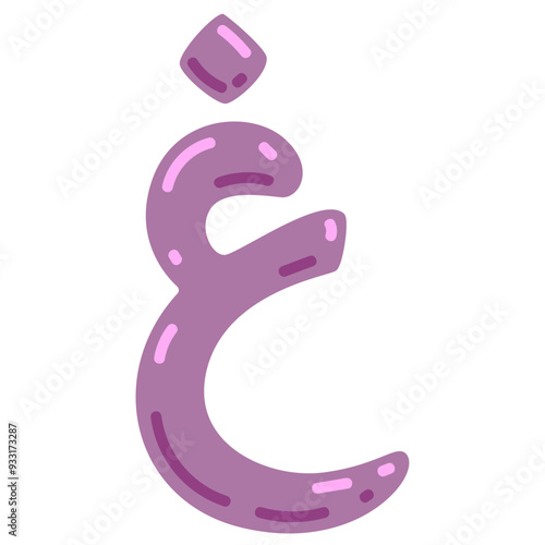 Ghayn or ghin letter vector illustration, hijaiyah letter of arabic alphabet, letter ghain or ghoin clip art in cute colorful cartoon style, isolated on white background
