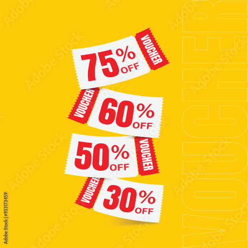 Flying red voucher with yellow background, vouchers, exchange. Discount, profitable purchases, Offers, Special premium price offers sale coupon.