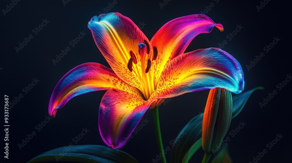 A neon-colored lily glowing brilliantly against a dark background, emphasizing its vibrant and striking appearance. A neon-colored lily glowing brilliantly against a dark background, emphasizing its vibrant and striking appearance.