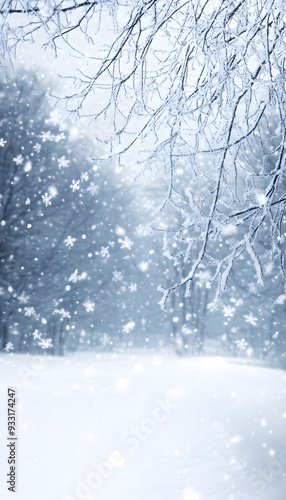 A serene winter landscape with snow-covered trees, snowflakes. Holiday magic nature