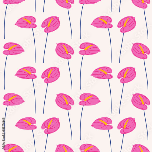 Anthurium pink flower, seamless pattern. Summer floral vector illustration, beige background. Bright spring botanical print, modern style design