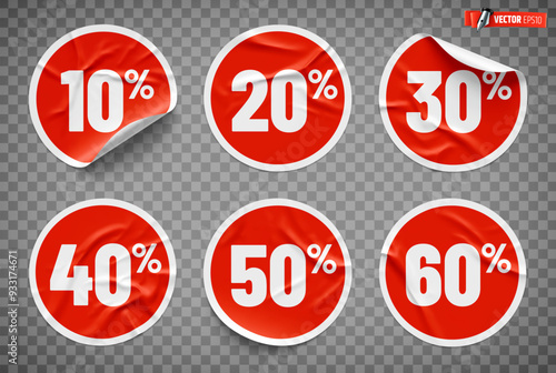 Vector realistic illustration of promotional round stickers on a transparent background.