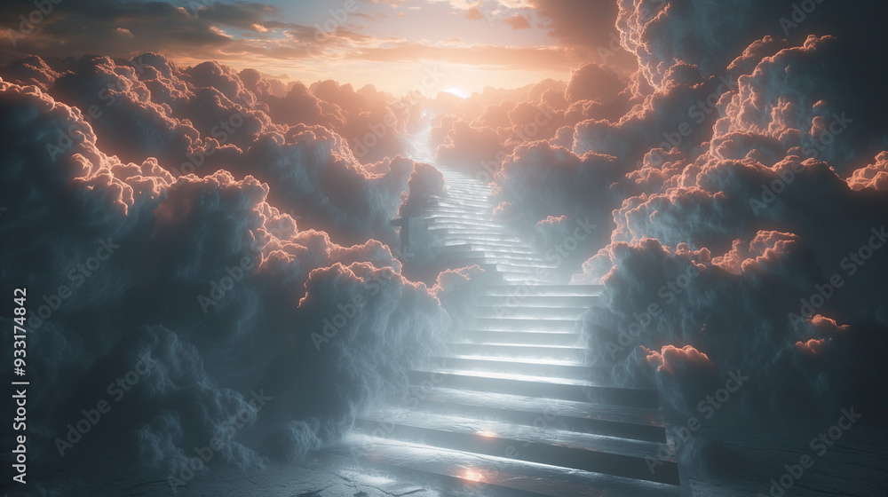 Staircase ascending through clouds toward a radiant light. Staircase ascending through clouds toward a radiant light.