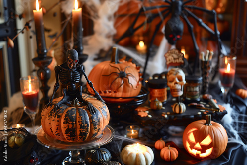 Halloween party table. Table with treats for Halloween party. photo